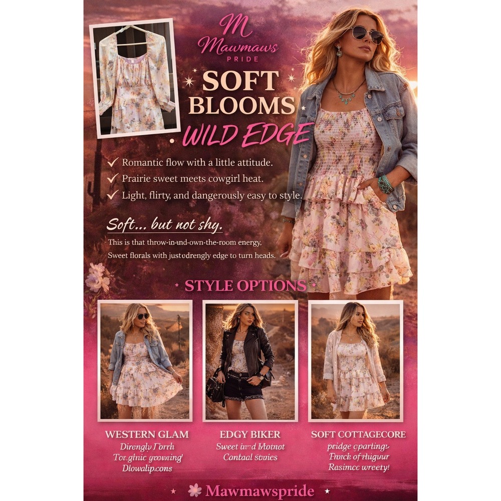 Floral Cottagecore Smocked Mini Dress Boho Prairie Ruffle Medium
